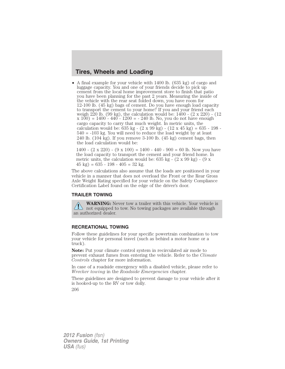 Trailer towing, Recreational towing, Tires, wheels and loading | FORD 2012 Fusion v.1 User Manual | Page 206 / 375