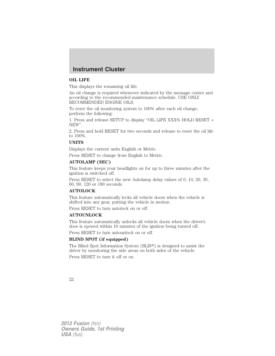 Instrument cluster | FORD 2012 Fusion v.1 User Manual | Page 22 / 375