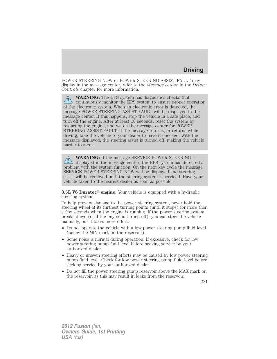 Driving | FORD 2012 Fusion v.1 User Manual | Page 221 / 375