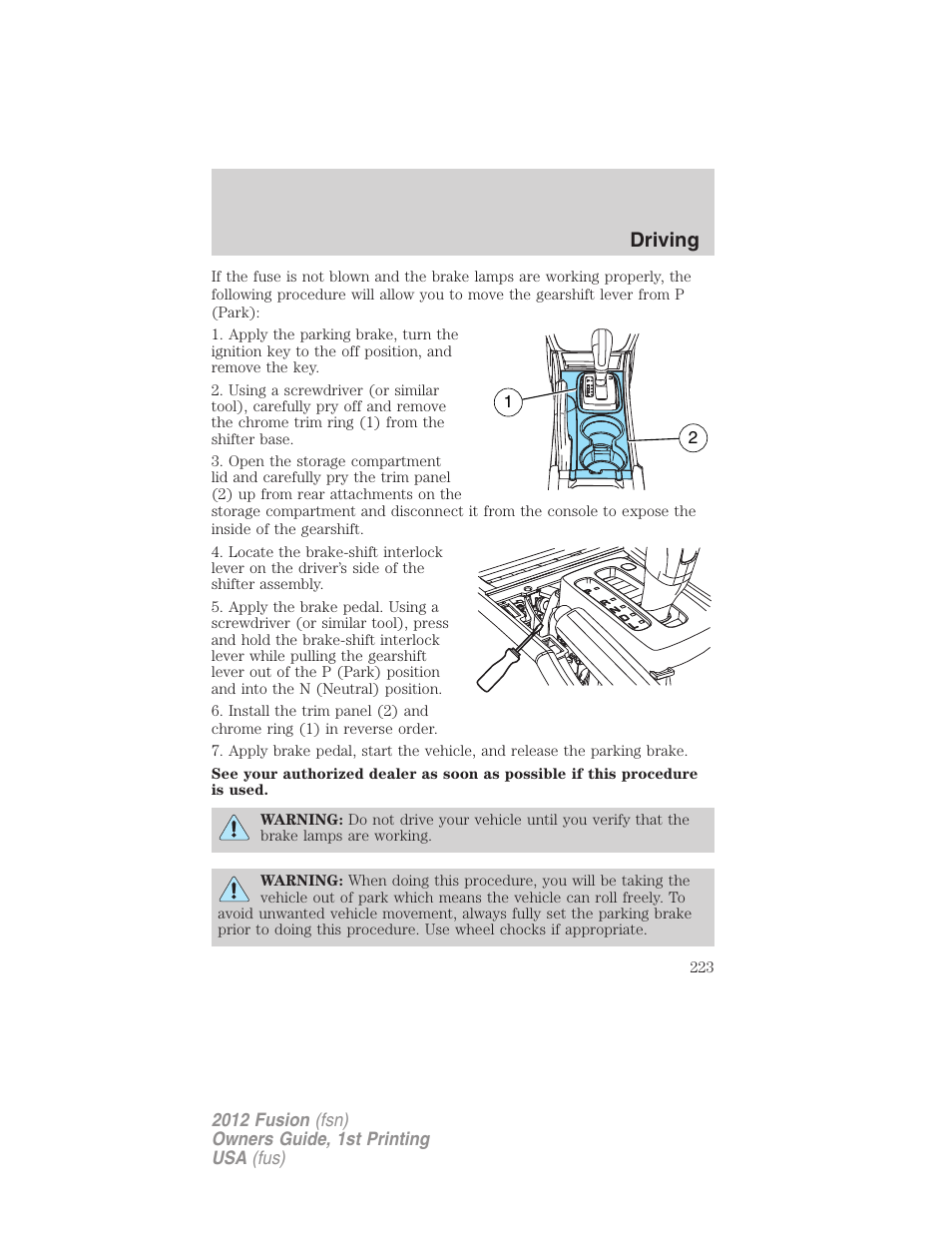 Driving | FORD 2012 Fusion v.1 User Manual | Page 223 / 375