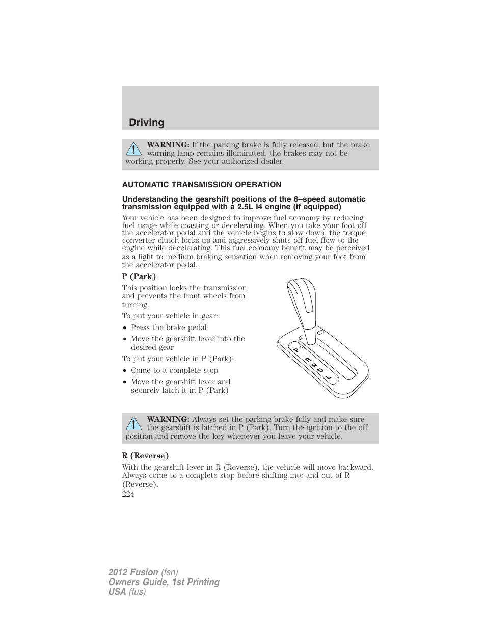 Automatic transmission operation, Transmission operation, Driving | FORD 2012 Fusion v.1 User Manual | Page 224 / 375