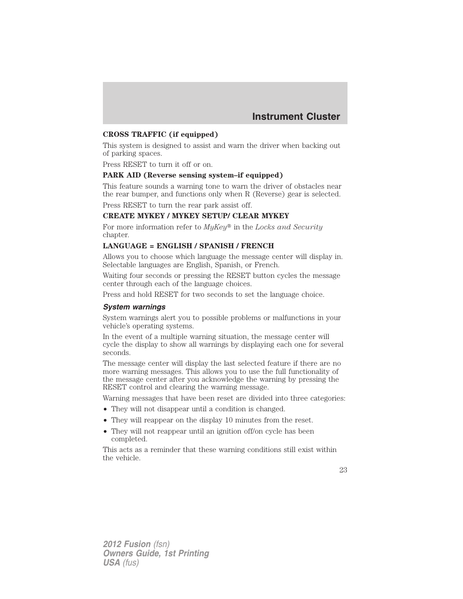 System warnings, Instrument cluster | FORD 2012 Fusion v.1 User Manual | Page 23 / 375