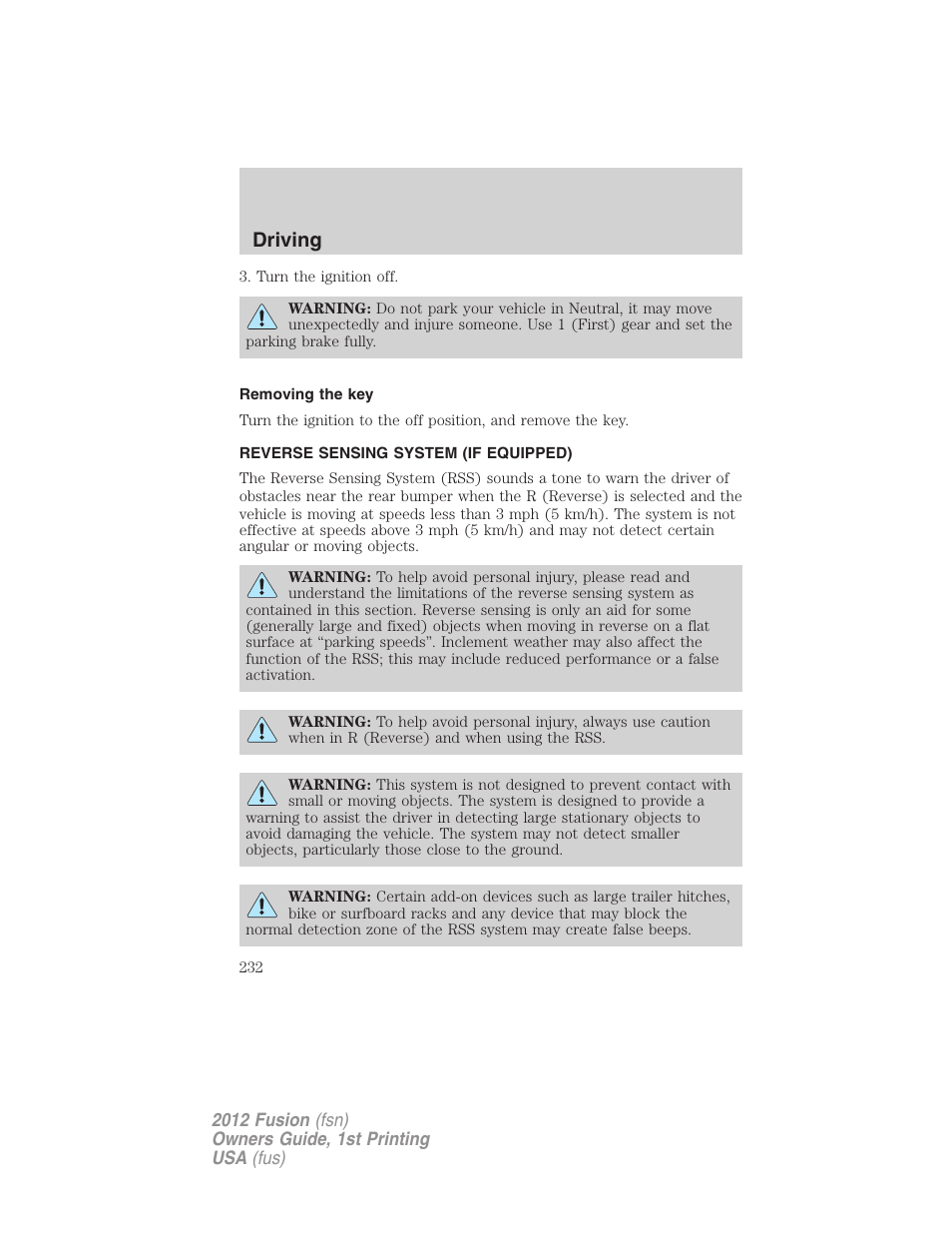 Removing the key, Reverse sensing system (if equipped), Reverse sensing system | Driving | FORD 2012 Fusion v.1 User Manual | Page 232 / 375