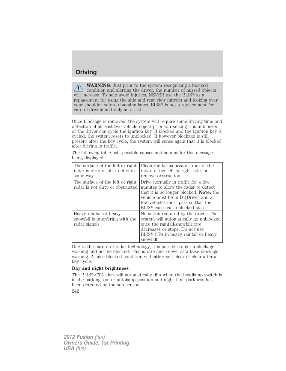 Driving | FORD 2012 Fusion v.1 User Manual | Page 242 / 375