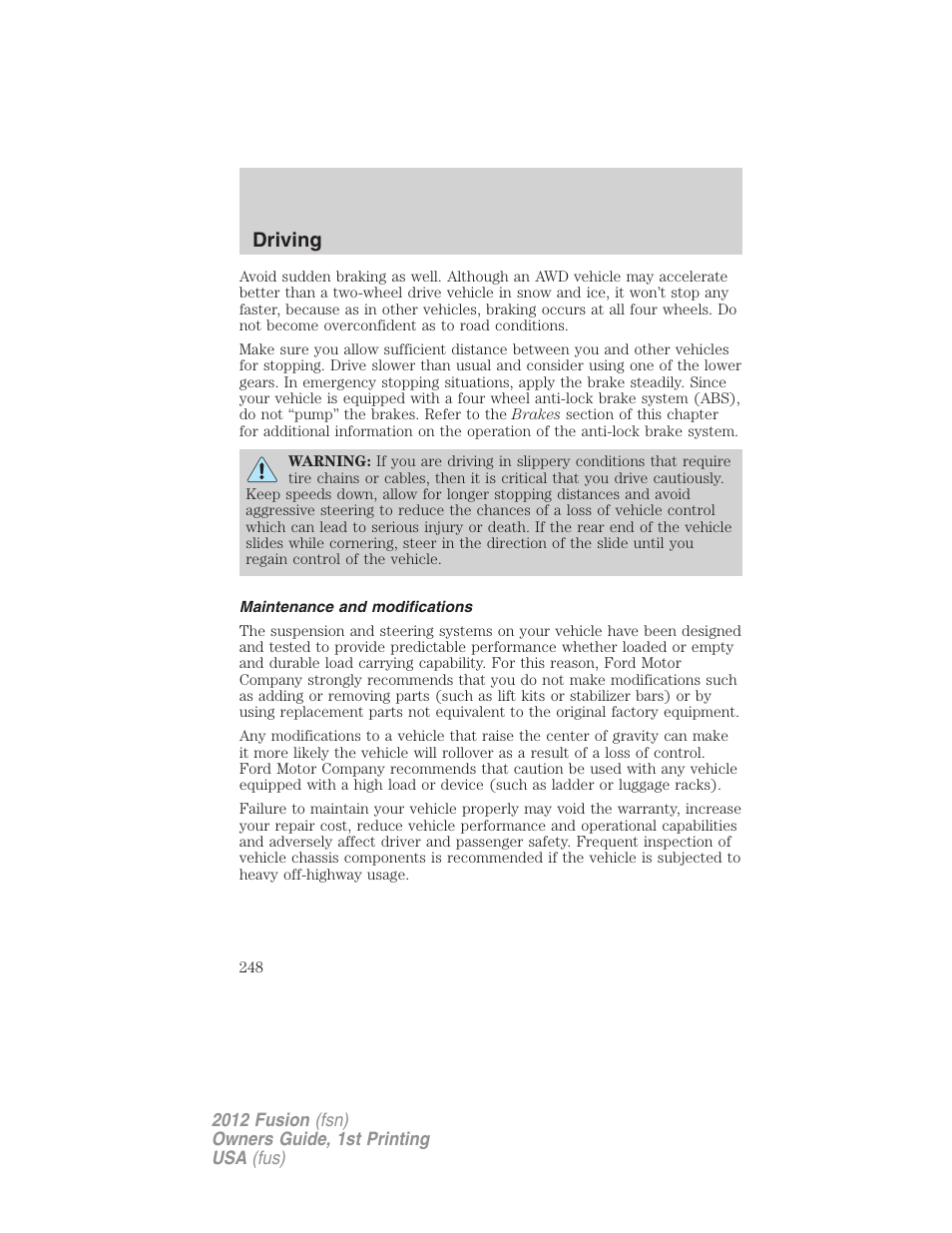Maintenance and modifications, Driving | FORD 2012 Fusion v.1 User Manual | Page 248 / 375