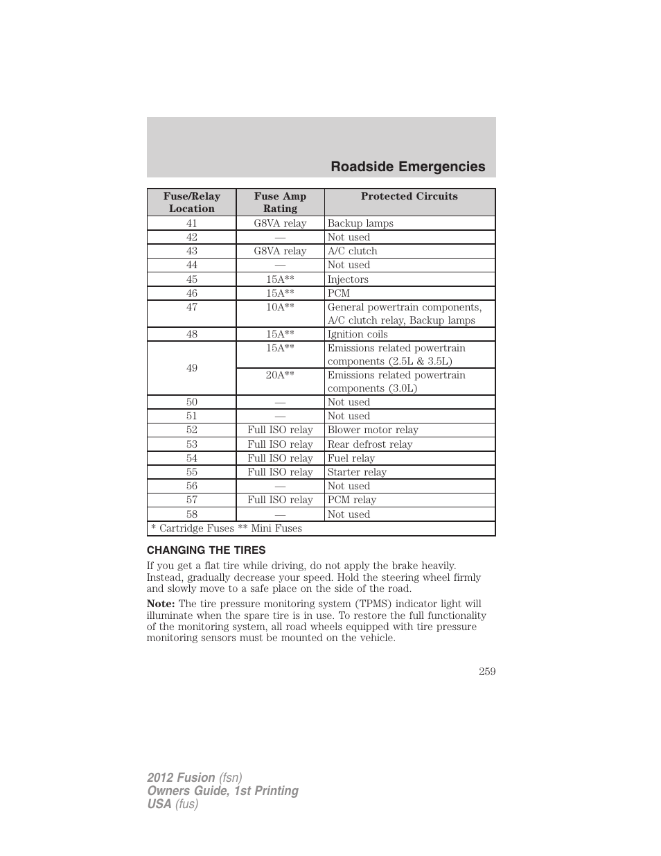 Changing the tires, Changing tires, Roadside emergencies | FORD 2012 Fusion v.1 User Manual | Page 259 / 375