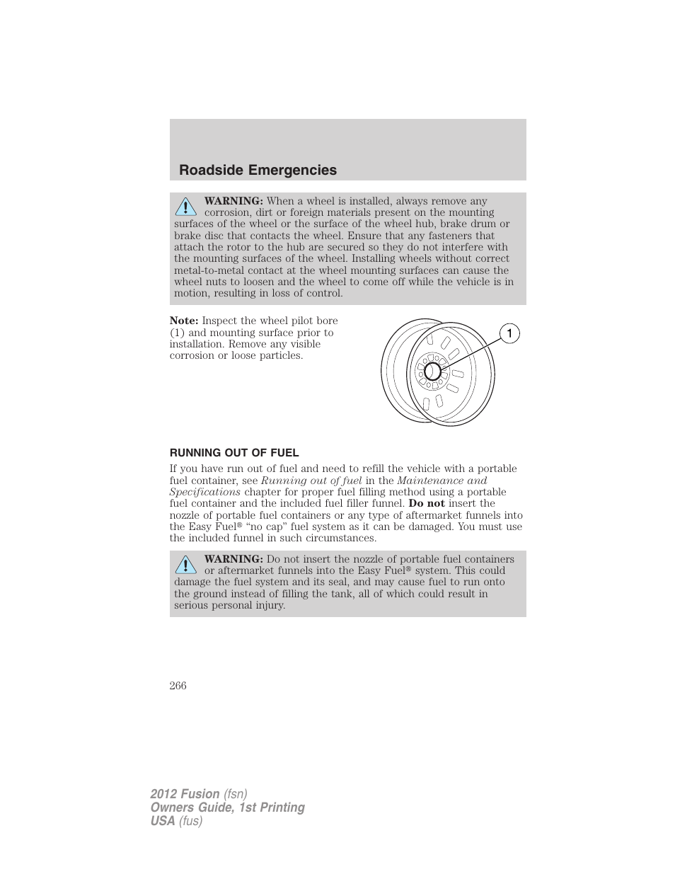 Running out of fuel, Roadside emergencies | FORD 2012 Fusion v.1 User Manual | Page 266 / 375