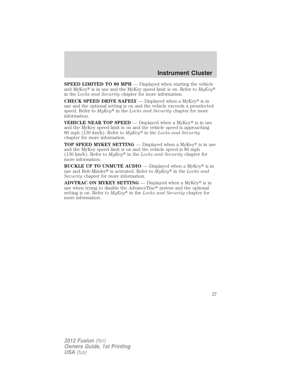 Instrument cluster | FORD 2012 Fusion v.1 User Manual | Page 27 / 375