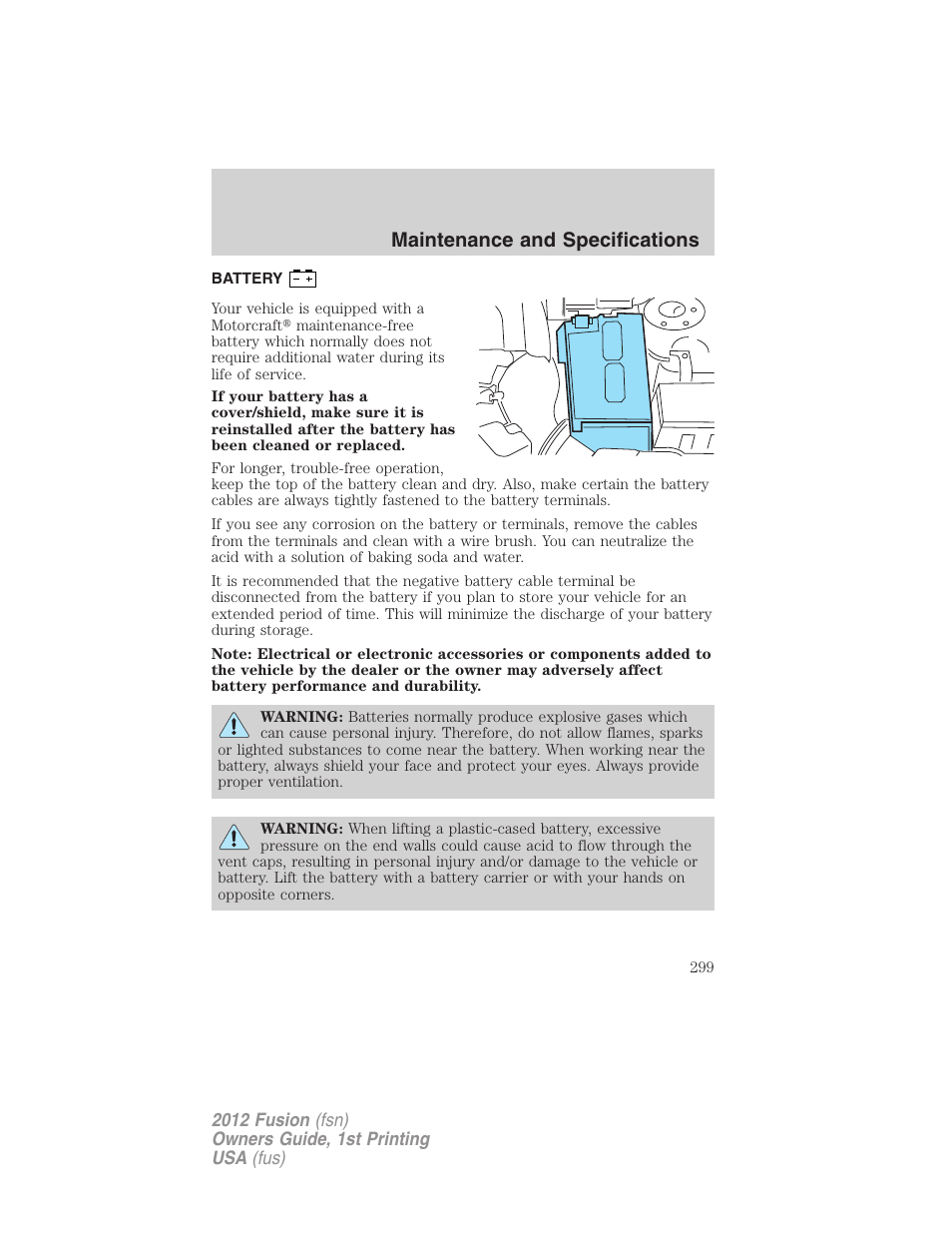 Battery, Maintenance and specifications | FORD 2012 Fusion v.1 User Manual | Page 299 / 375