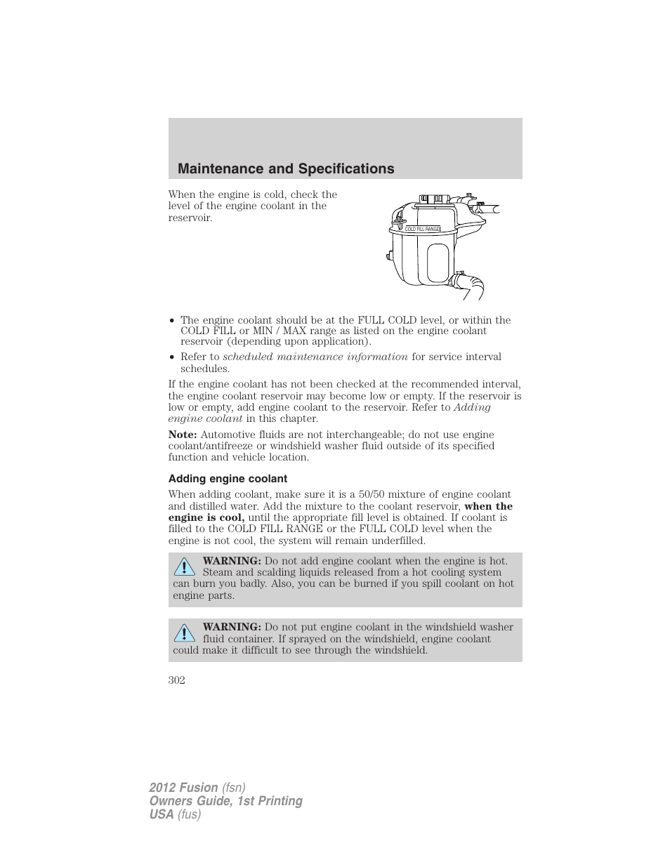 Adding engine coolant, Maintenance and specifications | FORD 2012 Fusion v.1 User Manual | Page 302 / 375