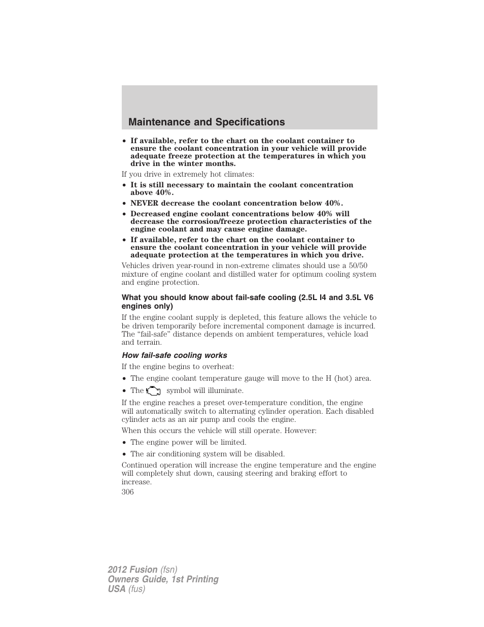 How fail-safe cooling works, Maintenance and specifications | FORD 2012 Fusion v.1 User Manual | Page 306 / 375