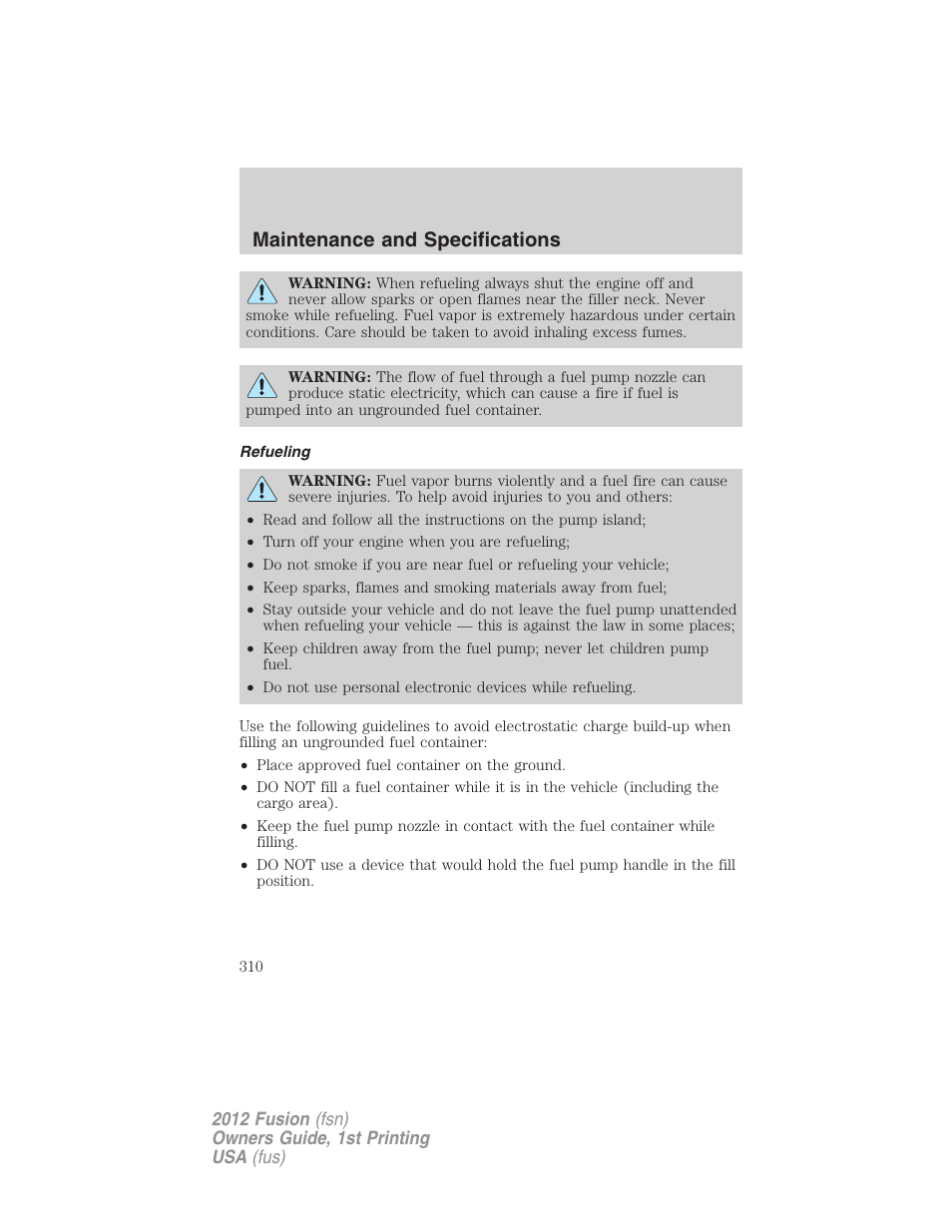 Refueling, Maintenance and specifications | FORD 2012 Fusion v.1 User Manual | Page 310 / 375