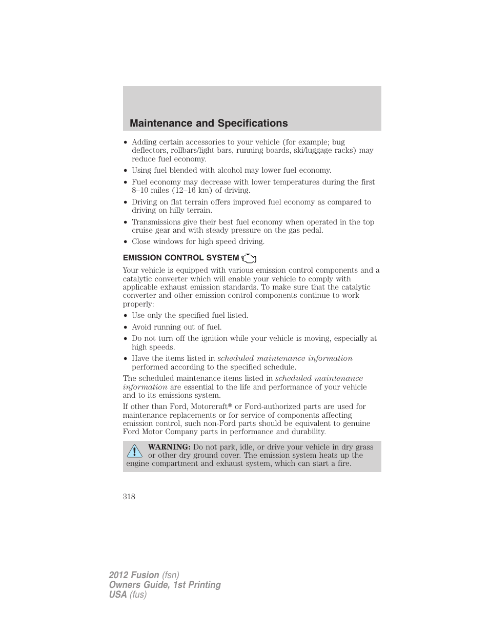 Emission control system, Maintenance and specifications | FORD 2012 Fusion v.1 User Manual | Page 318 / 375