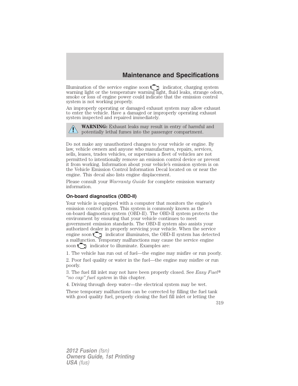 On-board diagnostics (obd-ii), Maintenance and specifications | FORD 2012 Fusion v.1 User Manual | Page 319 / 375