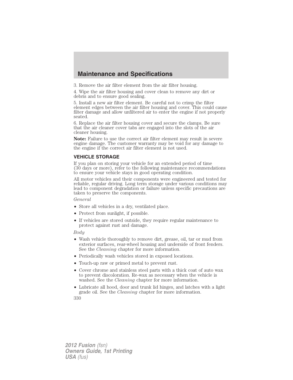 Vehicle storage, Maintenance and specifications | FORD 2012 Fusion v.1 User Manual | Page 330 / 375