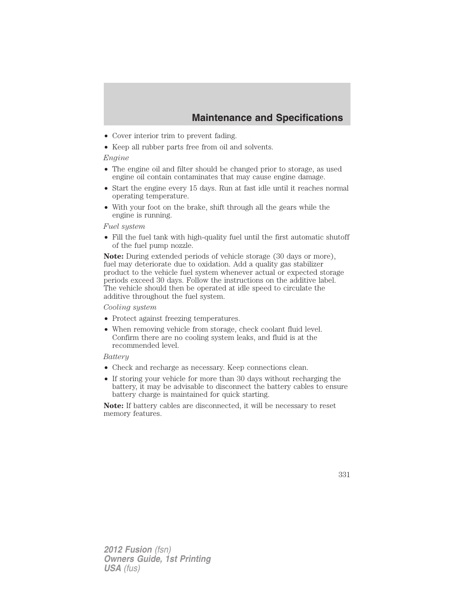 Maintenance and specifications | FORD 2012 Fusion v.1 User Manual | Page 331 / 375