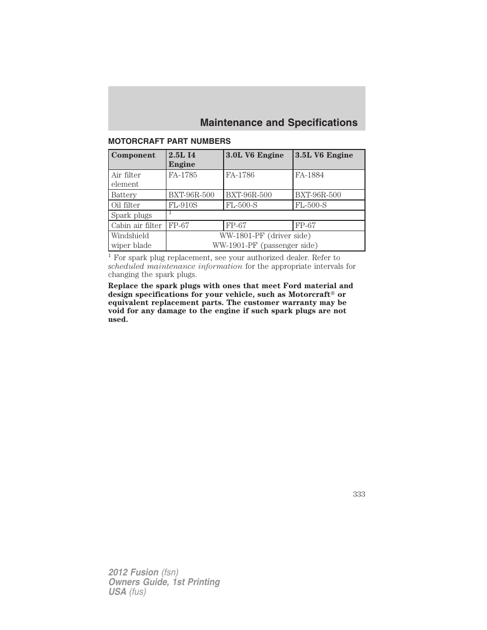 Motorcraft part numbers, Part numbers, Maintenance and specifications | FORD 2012 Fusion v.1 User Manual | Page 333 / 375