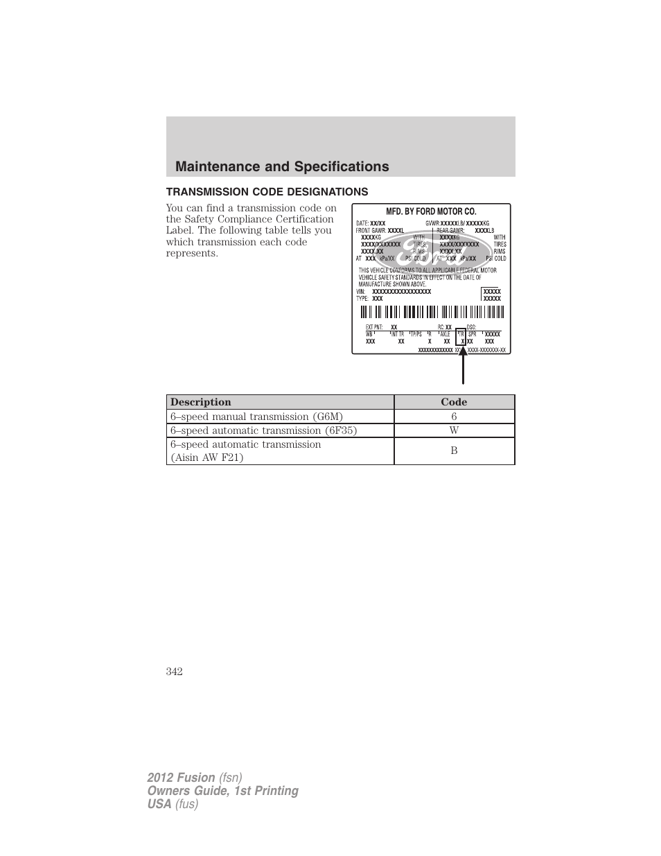 Transmission code designations, Maintenance and specifications | FORD 2012 Fusion v.1 User Manual | Page 342 / 375