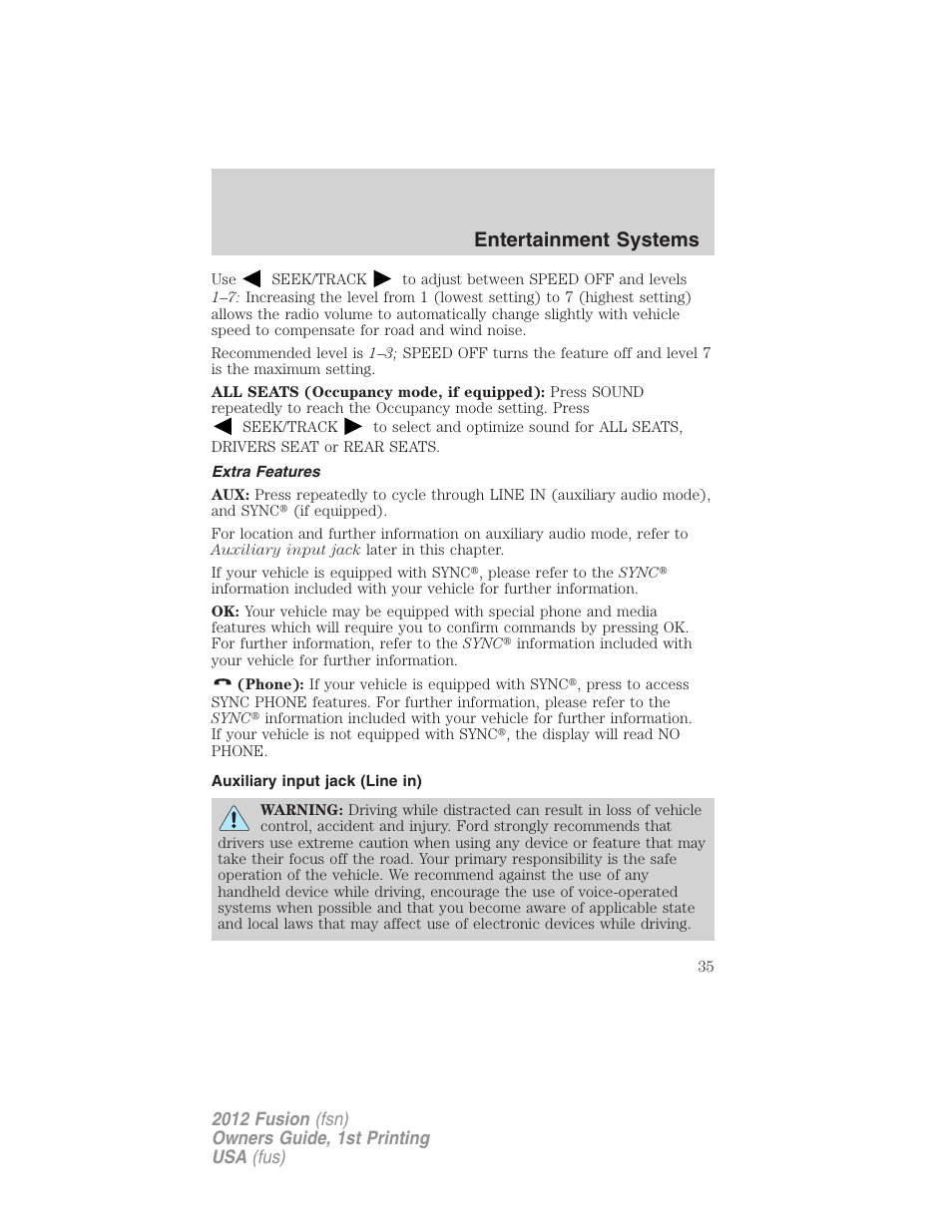 Extra features, Auxiliary input jack (line in), Entertainment systems | FORD 2012 Fusion v.1 User Manual | Page 35 / 375
