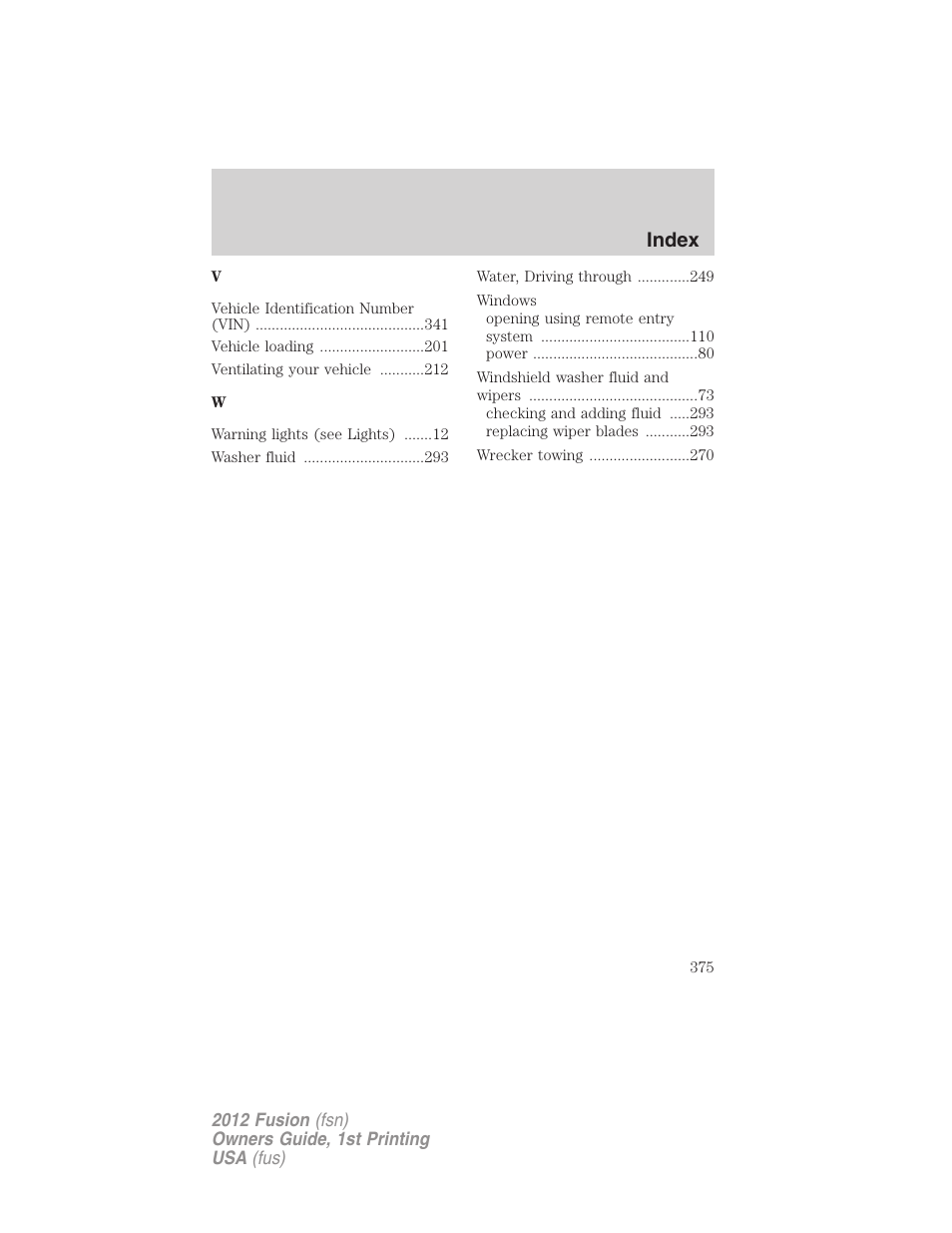 Index | FORD 2012 Fusion v.1 User Manual | Page 375 / 375