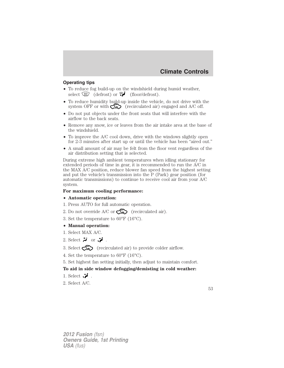 Operating tips, Climate controls | FORD 2012 Fusion v.1 User Manual | Page 53 / 375