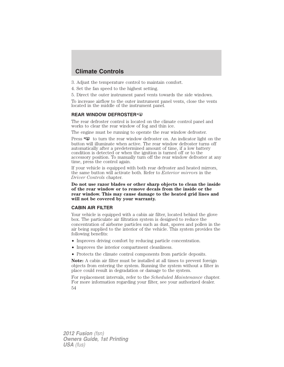 Rear window defroster, Cabin air filter, Climate controls | FORD 2012 Fusion v.1 User Manual | Page 54 / 375