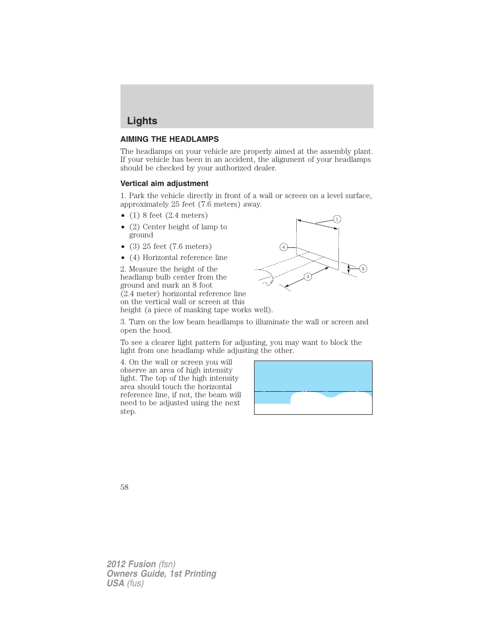 Aiming the headlamps, Vertical aim adjustment, Lights | FORD 2012 Fusion v.1 User Manual | Page 58 / 375