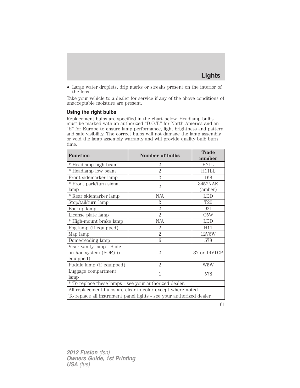Using the right bulbs, Lights | FORD 2012 Fusion v.1 User Manual | Page 61 / 375