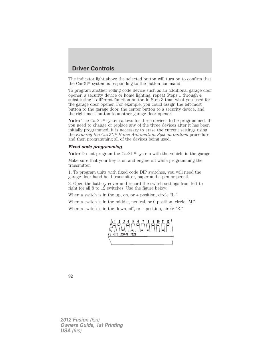 Fixed code programming, Driver controls | FORD 2012 Fusion v.1 User Manual | Page 92 / 375