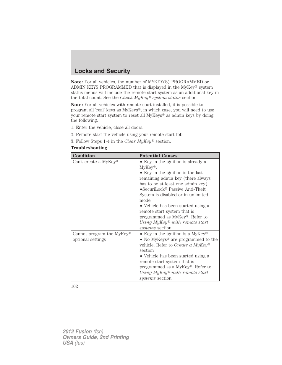 Locks and security | FORD 2012 Fusion v.2 User Manual | Page 102 / 373
