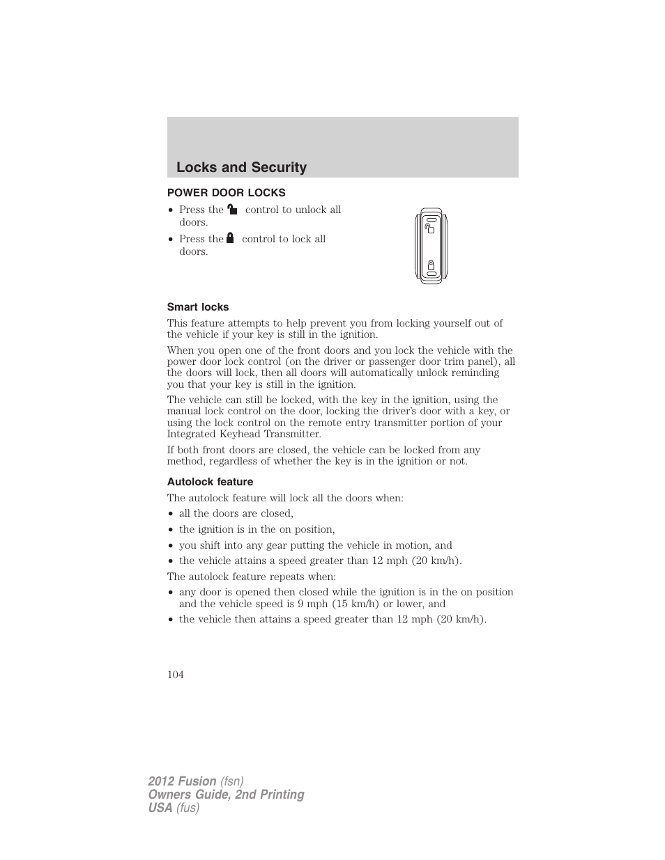 Power door locks, Smart locks, Autolock feature | Locks, Locks and security | FORD 2012 Fusion v.2 User Manual | Page 104 / 373