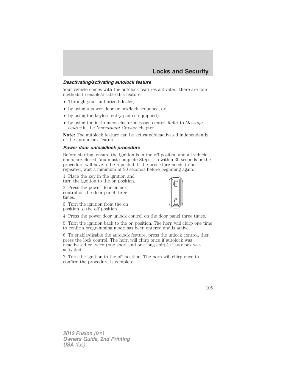 Deactivating/activating autolock feature, Power door unlock/lock procedure, Locks and security | FORD 2012 Fusion v.2 User Manual | Page 105 / 373