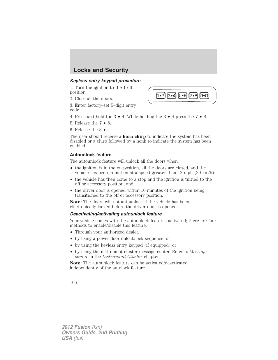 Keyless entry keypad procedure, Autounlock feature, Deactivating/activating autounlock feature | Locks and security | FORD 2012 Fusion v.2 User Manual | Page 106 / 373