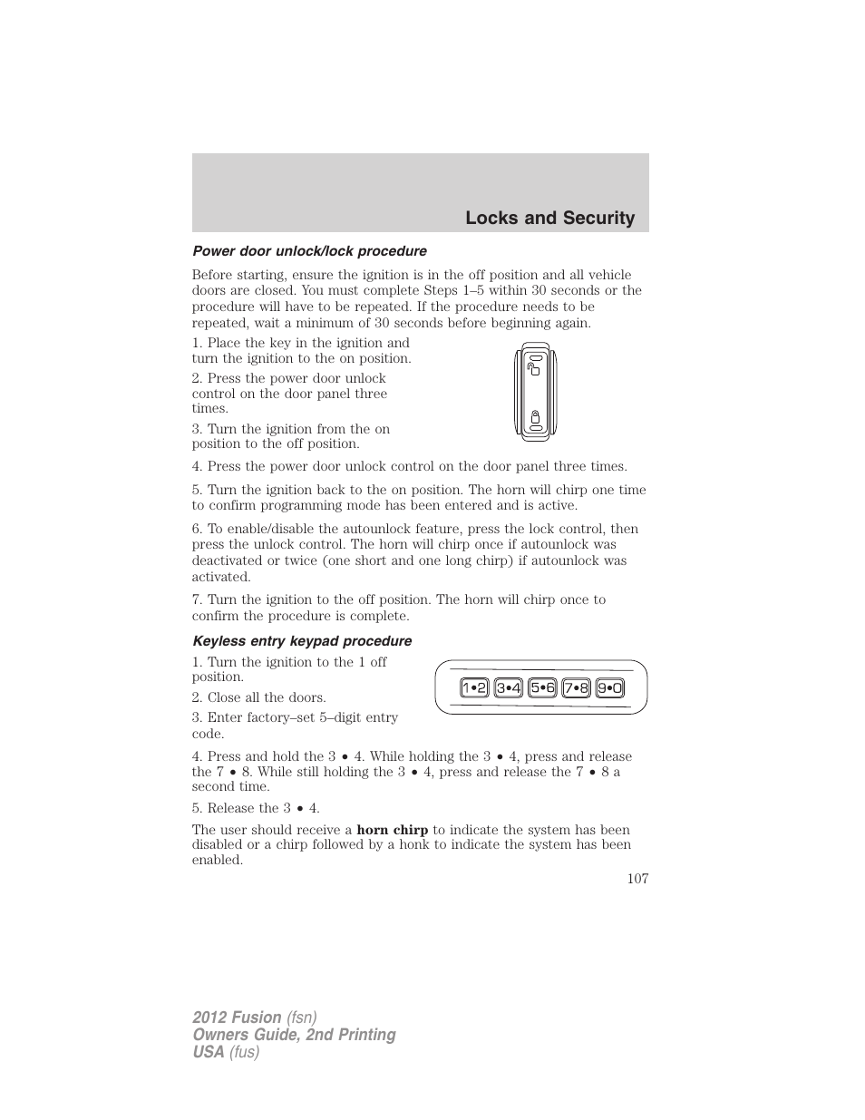 Power door unlock/lock procedure, Keyless entry keypad procedure, Locks and security | FORD 2012 Fusion v.2 User Manual | Page 107 / 373