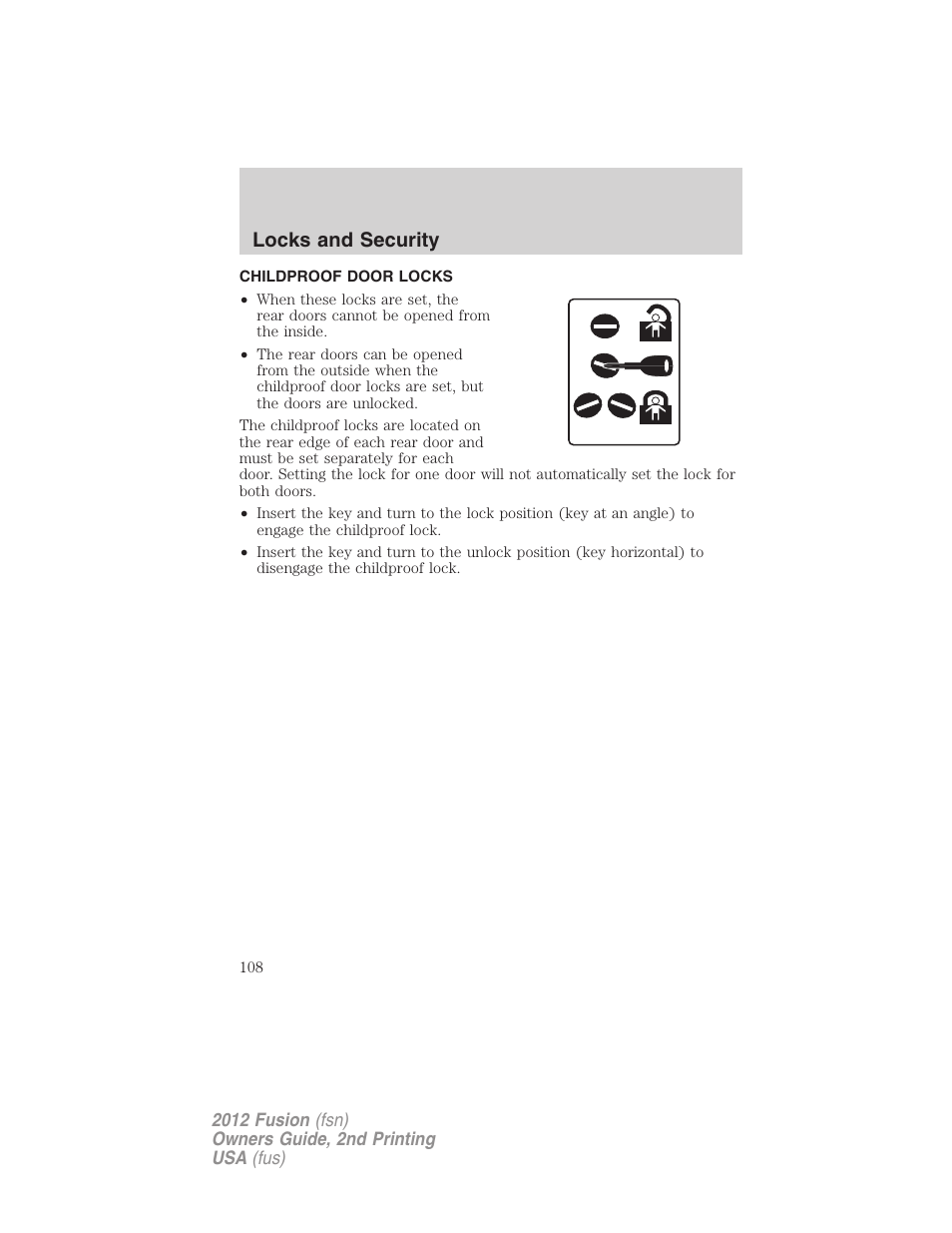 Childproof door locks, Locks and security | FORD 2012 Fusion v.2 User Manual | Page 108 / 373