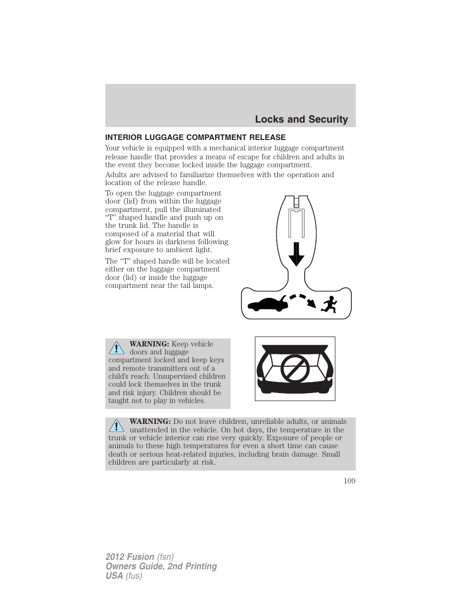 Interior luggage compartment release, Locks and security | FORD 2012 Fusion v.2 User Manual | Page 109 / 373