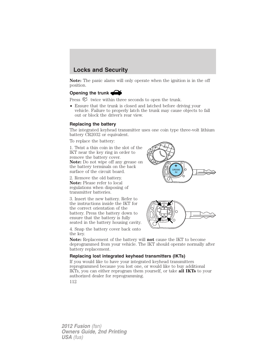 Opening the trunk, Replacing the battery, Locks and security | FORD 2012 Fusion v.2 User Manual | Page 112 / 373