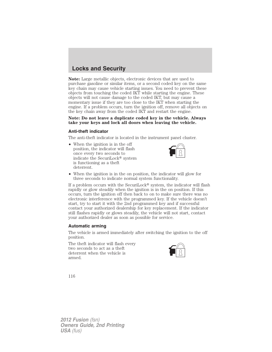 Anti-theft indicator, Automatic arming, Locks and security | FORD 2012 Fusion v.2 User Manual | Page 116 / 373