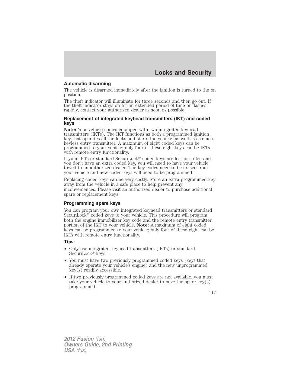 Automatic disarming, Programming spare keys, Locks and security | FORD 2012 Fusion v.2 User Manual | Page 117 / 373