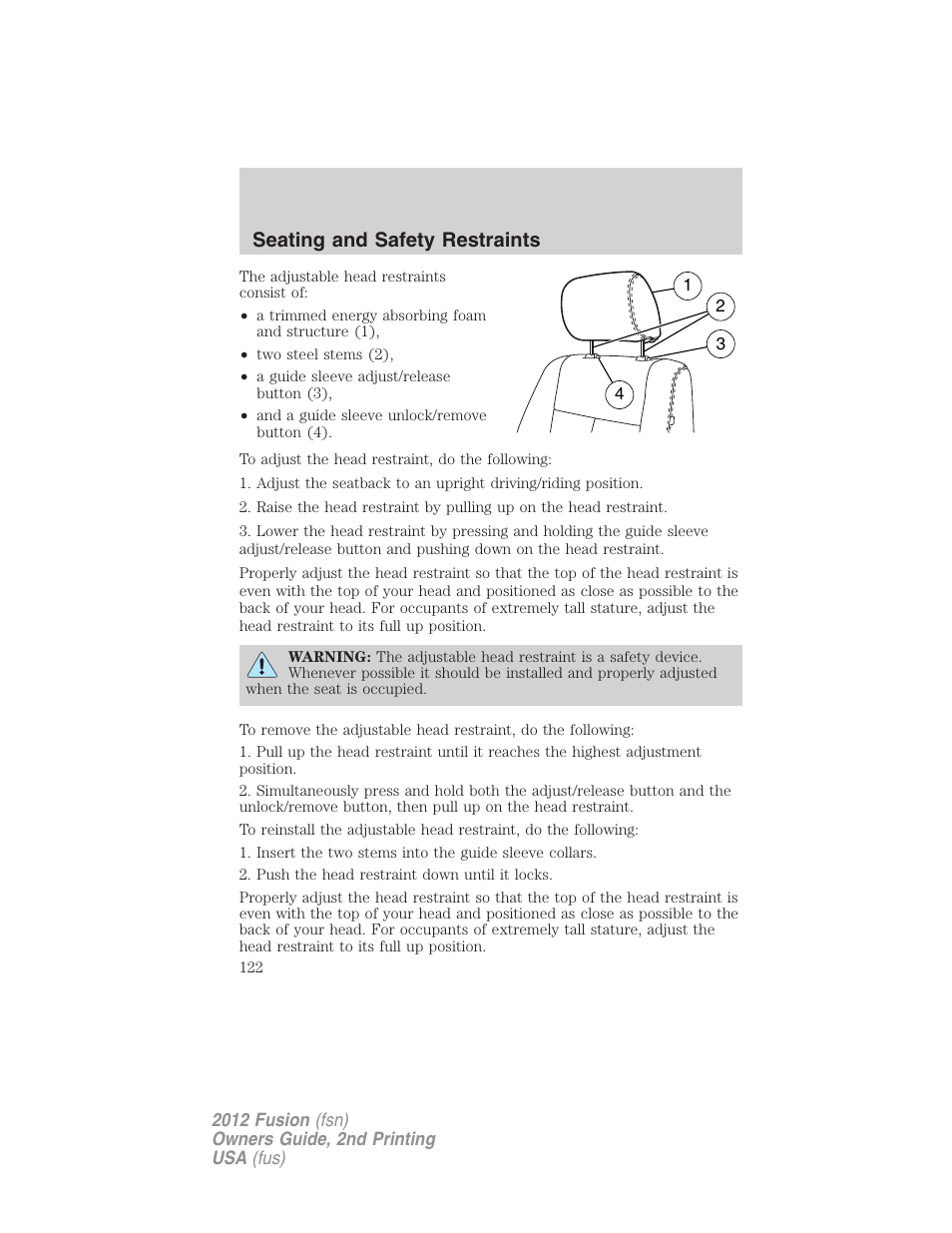Seating and safety restraints | FORD 2012 Fusion v.2 User Manual | Page 122 / 373