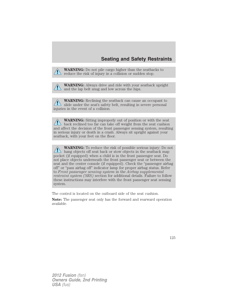 Seating and safety restraints | FORD 2012 Fusion v.2 User Manual | Page 125 / 373