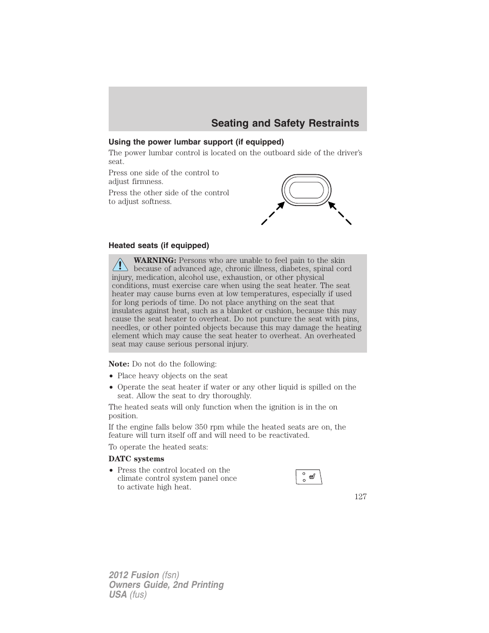 Using the power lumbar support (if equipped), Heated seats (if equipped), Seating and safety restraints | FORD 2012 Fusion v.2 User Manual | Page 127 / 373