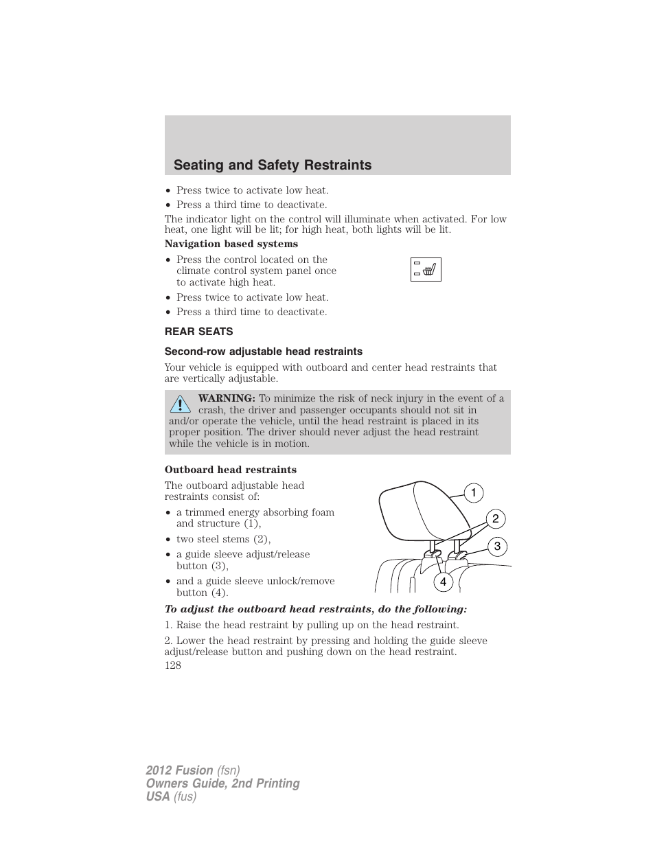 Rear seats, Second-row adjustable head restraints, Seating and safety restraints | FORD 2012 Fusion v.2 User Manual | Page 128 / 373