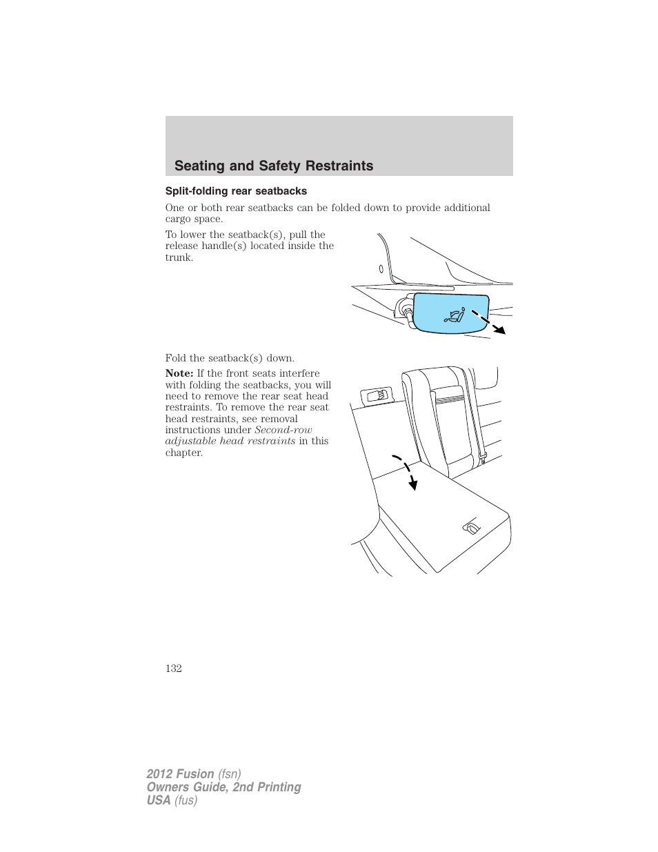 Split-folding rear seatbacks, Seating and safety restraints | FORD 2012 Fusion v.2 User Manual | Page 132 / 373