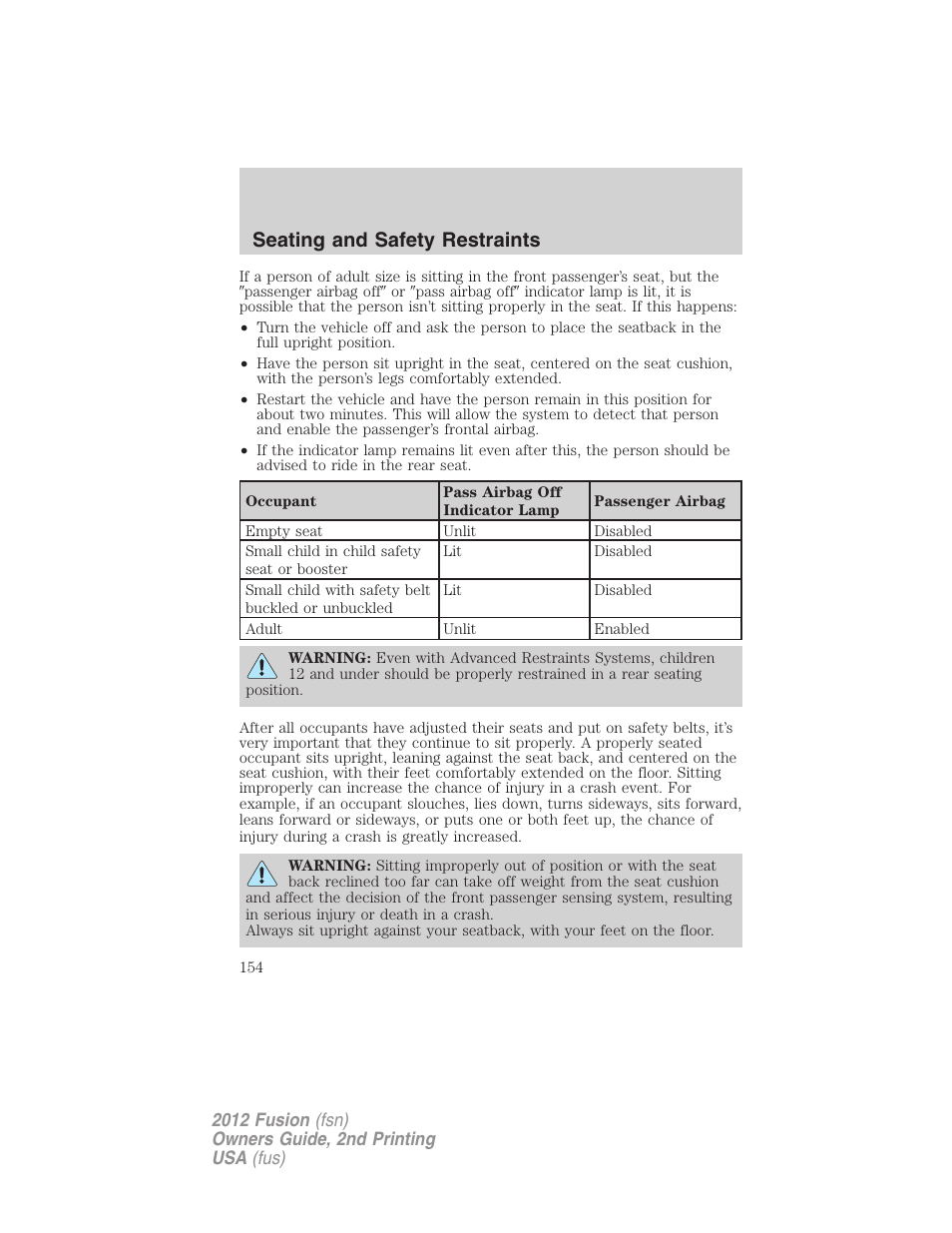 Seating and safety restraints | FORD 2012 Fusion v.2 User Manual | Page 154 / 373