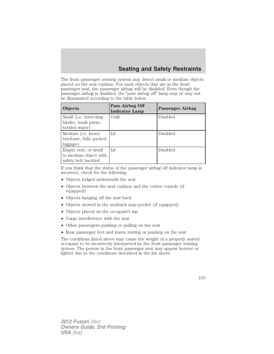 Seating and safety restraints | FORD 2012 Fusion v.2 User Manual | Page 155 / 373