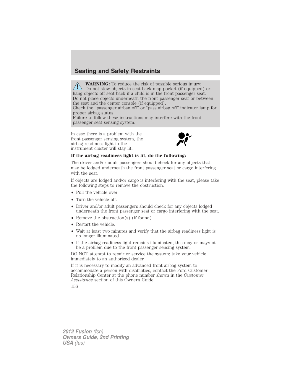 Seating and safety restraints | FORD 2012 Fusion v.2 User Manual | Page 156 / 373