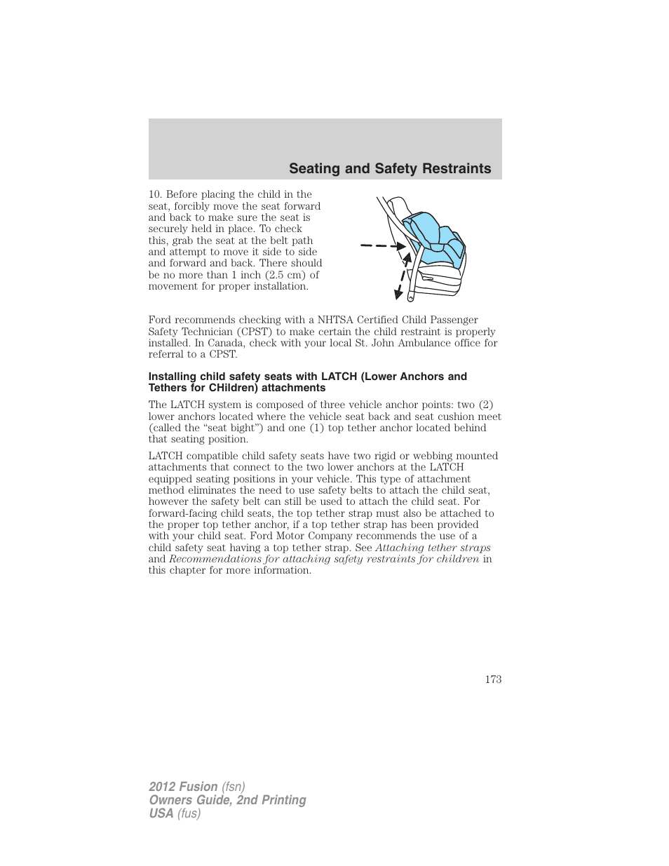 Seating and safety restraints | FORD 2012 Fusion v.2 User Manual | Page 173 / 373
