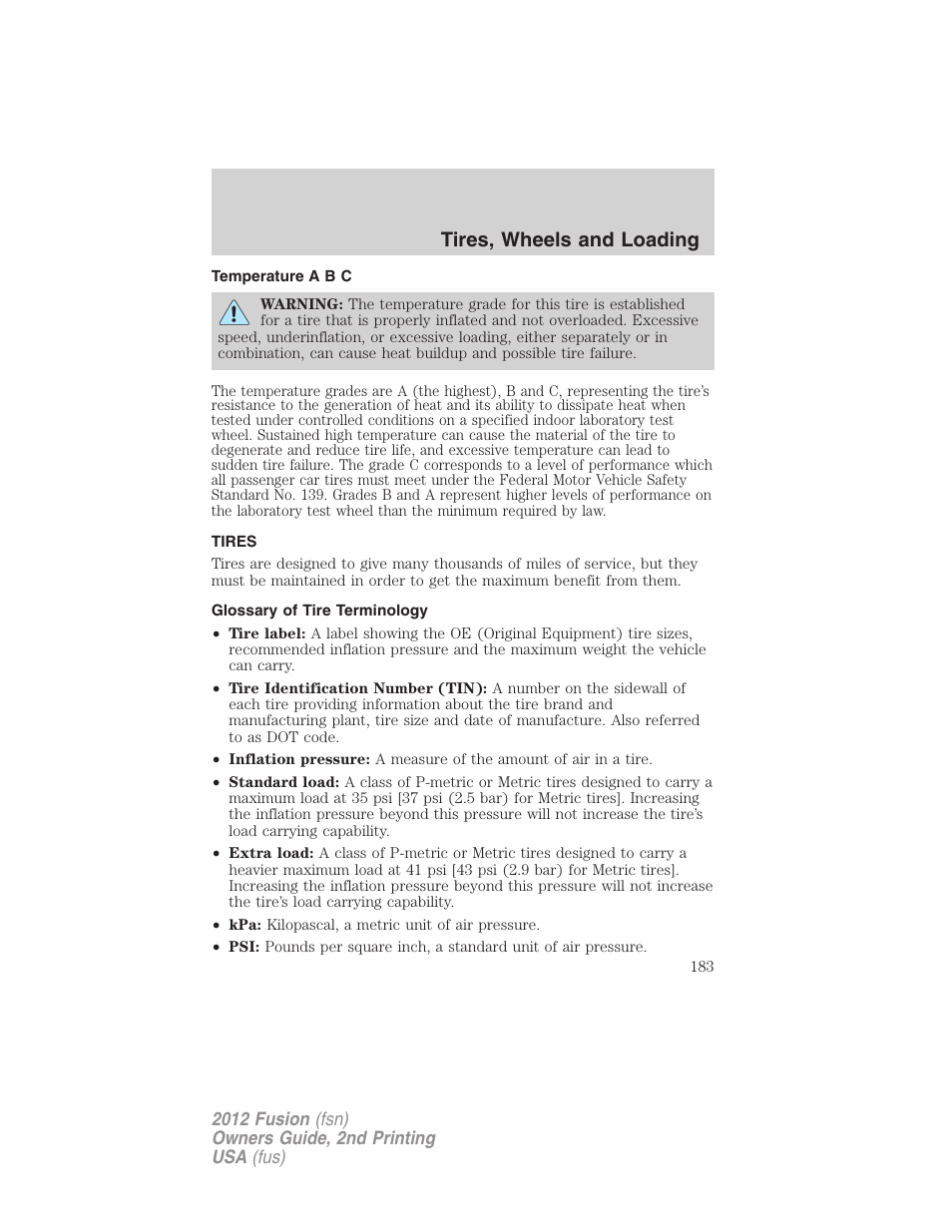 Temperature a b c, Tires, Glossary of tire terminology | Tires, wheels and loading | FORD 2012 Fusion v.2 User Manual | Page 183 / 373