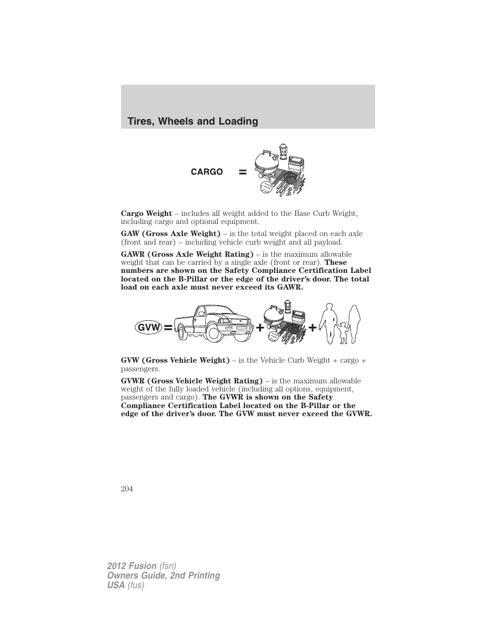 Tires, wheels and loading | FORD 2012 Fusion v.2 User Manual | Page 204 / 373